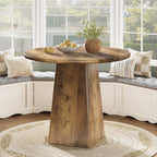 31.5" Dining Table for 4 - Round Farmhouse Kitchen Table with Square Base in Rustic Brown