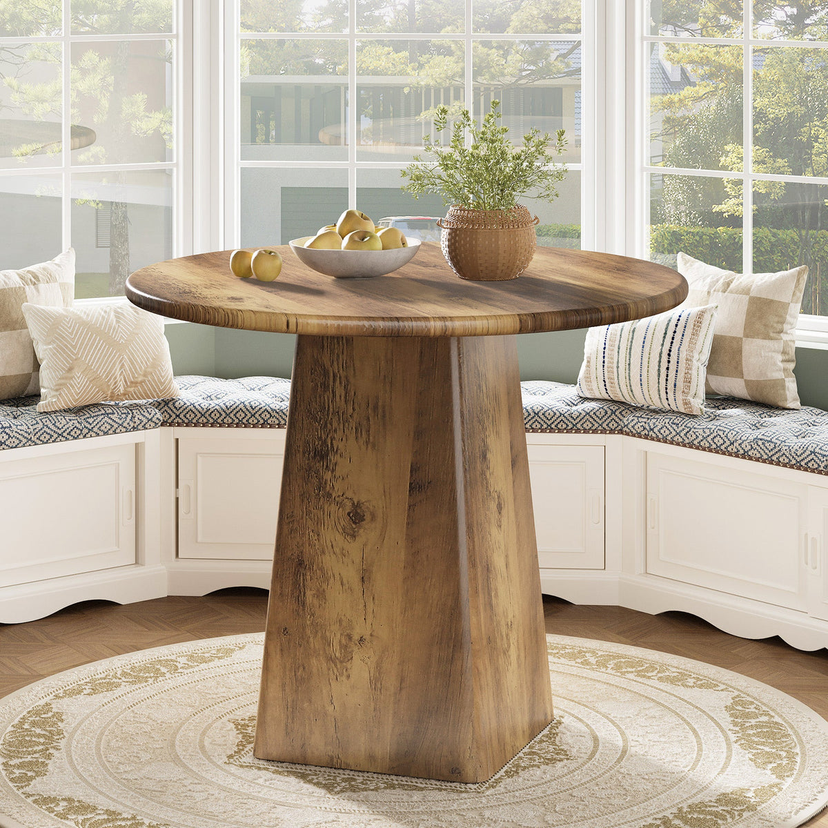 31.5" Dining Table for 4 - Round Farmhouse Kitchen Table with Square Base in Rustic Brown
