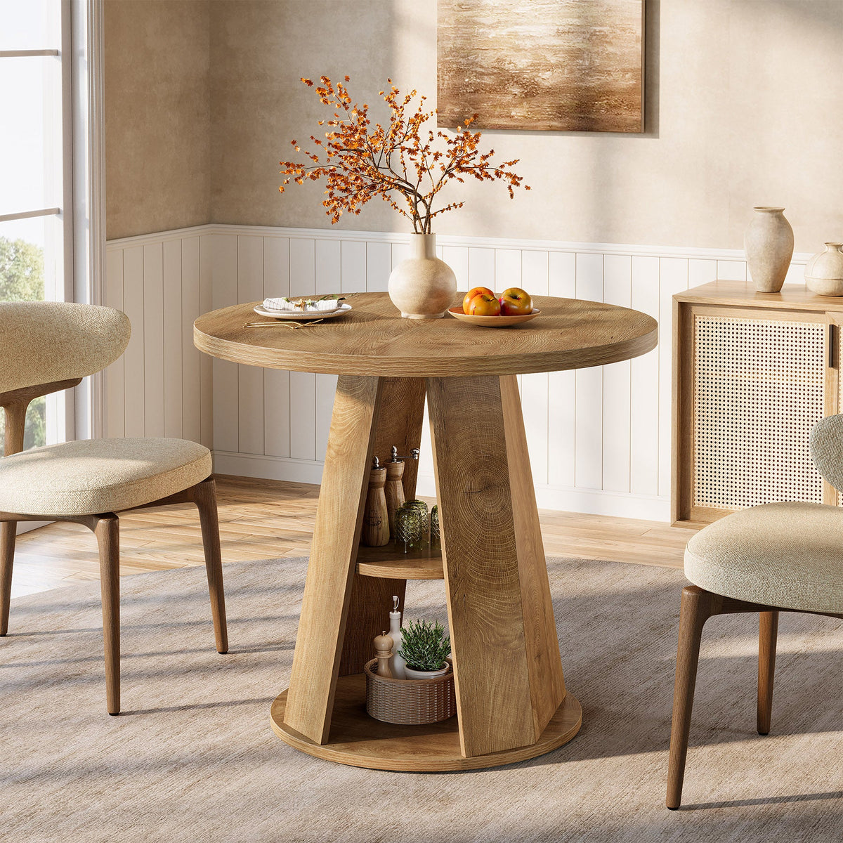 31.5-Inch Round Dining Table for 2-4, Space-Saving Farmhouse Kitchen Table with 2-Tier Storage Shelf for Small Spaces