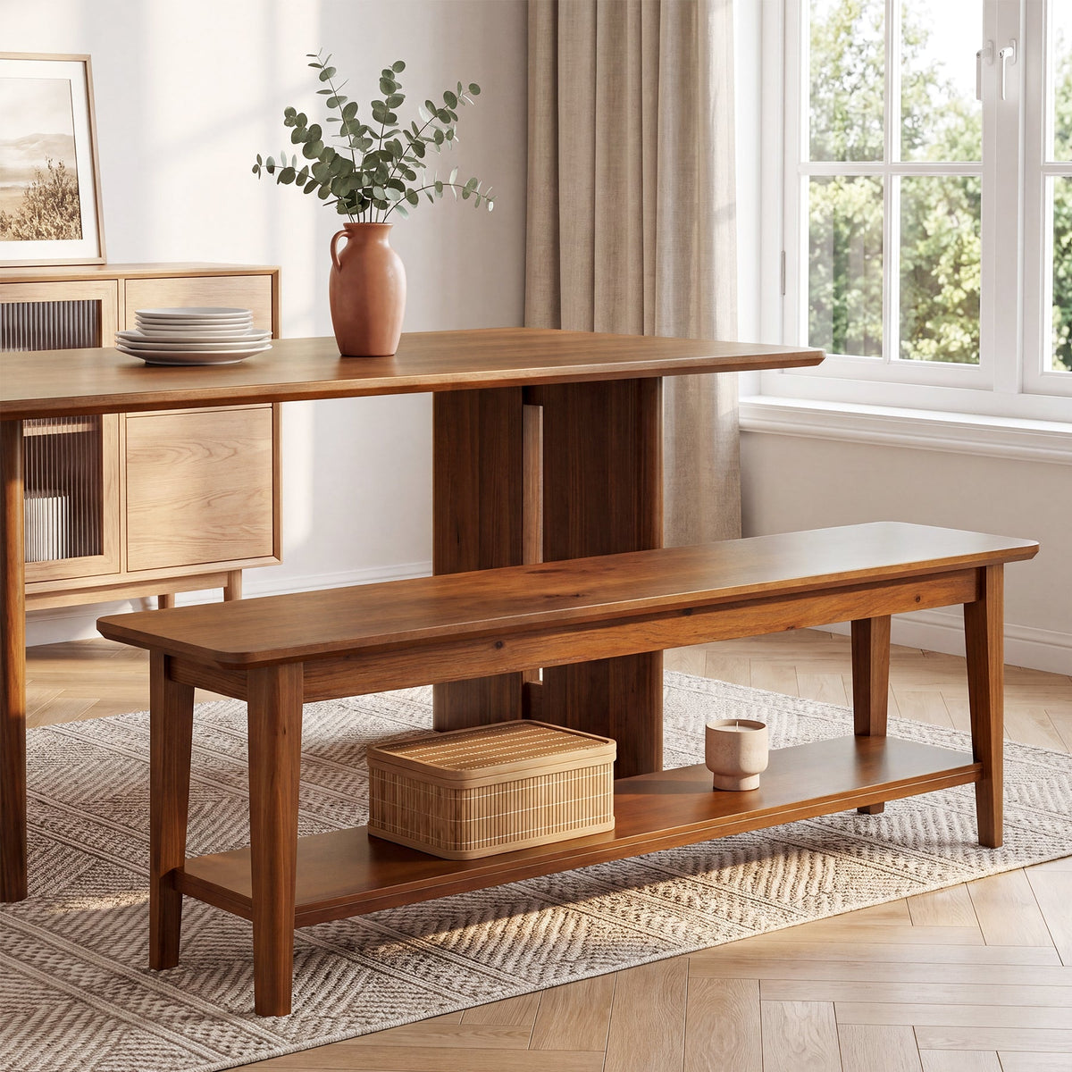 55-Inch Farmhouse Bench with Storage Shelf, Wooden Dining Seating for Kitchen Dining Room and Patio