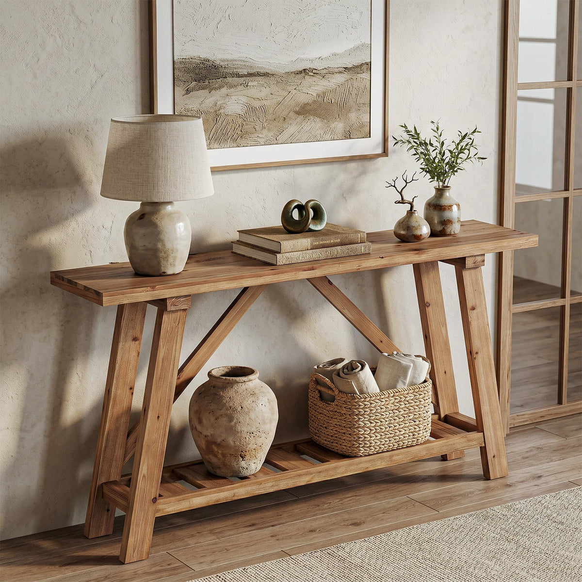 62.99-Inch Solid Wood Console Table, Narrow Design with Storage Shelf for Entryway Living Room and Hallway