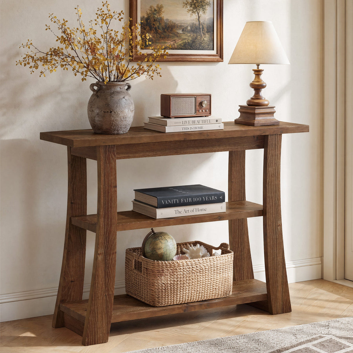 41.3 Inch Solid Wood Console Table with 3-Tier Storage, Farmhouse Hallway Table