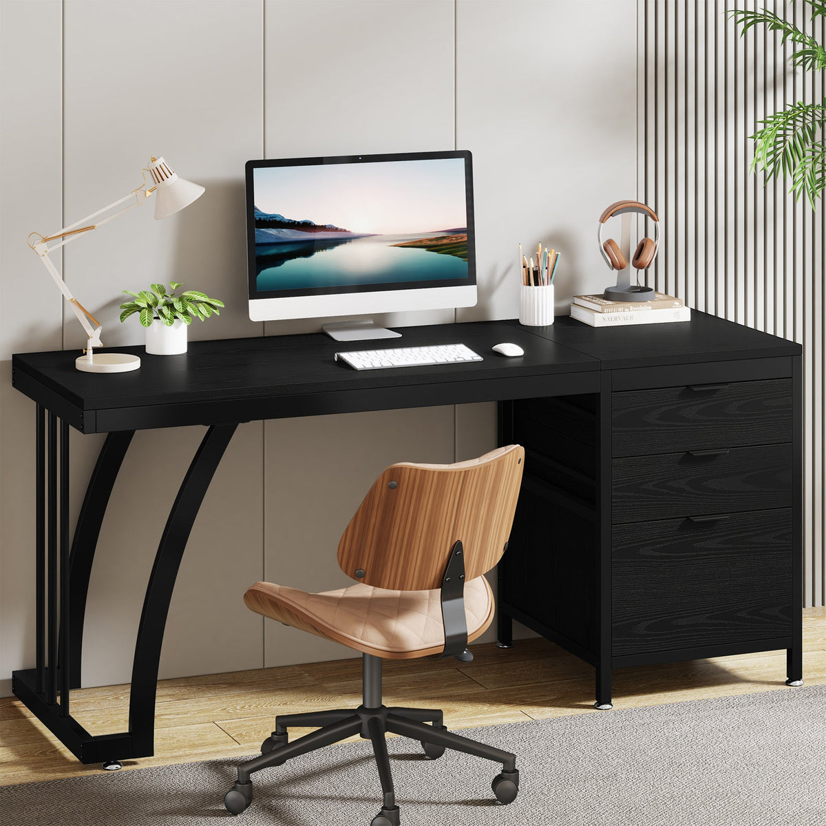 59 Inch Computer Desk with Reversible 3-Drawer Storage, Industrial Desk for Home Office