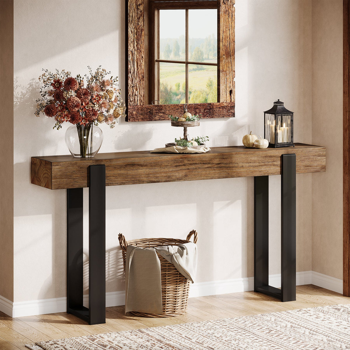 63-Inch Solid Wood Sofa Table with Metal Support, Narrow Console Table for Behind Couch