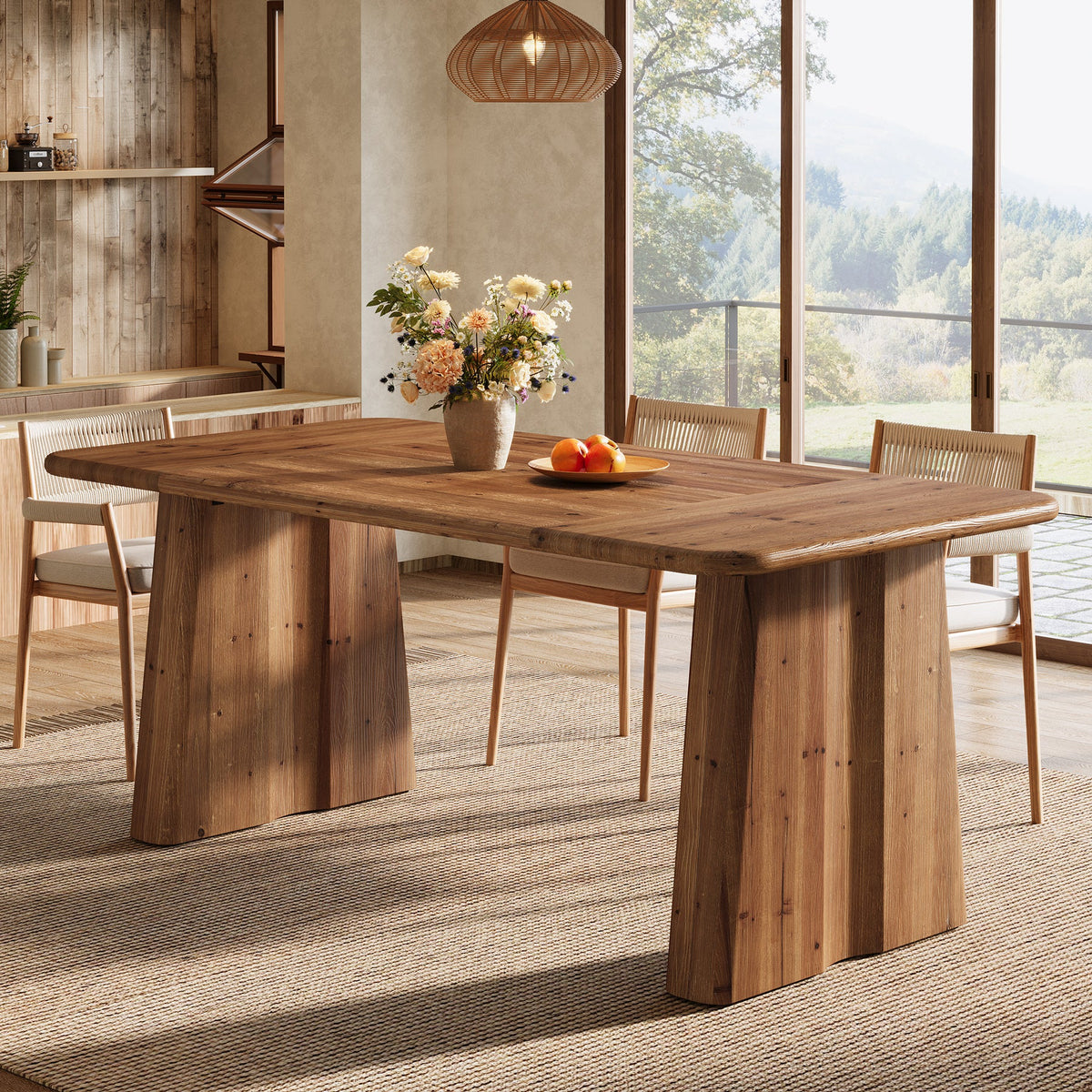 63-Inch Solid Wood Dining Table with Double Pedestal Base, Rustic Table for Dining Room