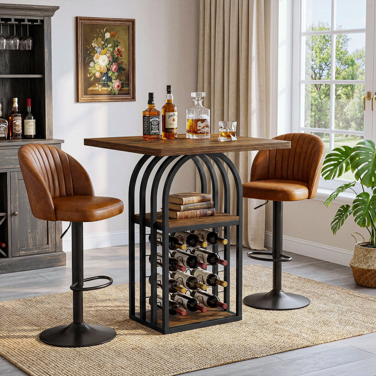 35.43-Inch Square Bistro Pub Table with Wine Rack, Home Bar Table for Kitchen and Living Room