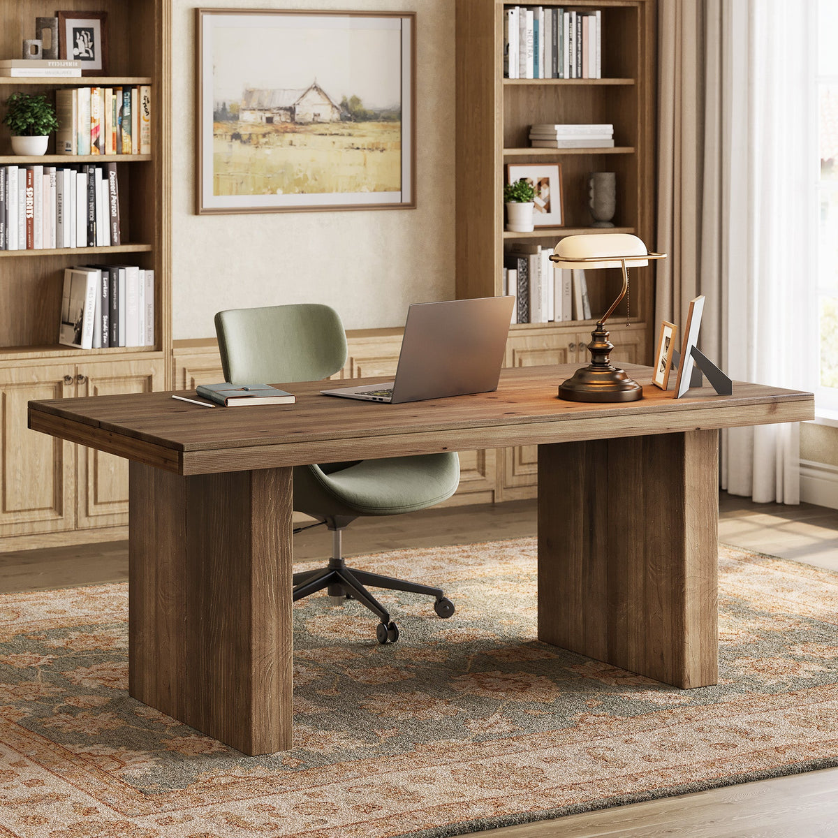 63-Inch Solid Wood Executive Desk with Spacious Tabletop and Sturdy Wooden Legs, Farmhouse Computer Desk for Home Office Study and Workstation