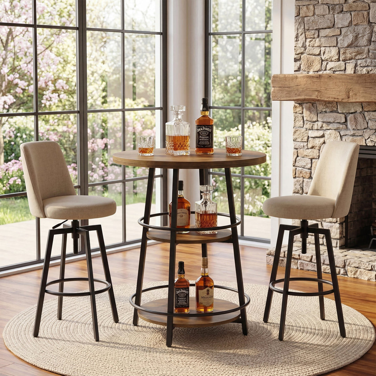 35.4-Inch Round Bar Table, Counter Height Pub Table with Storage Shelves for Kitchen and Small Spaces