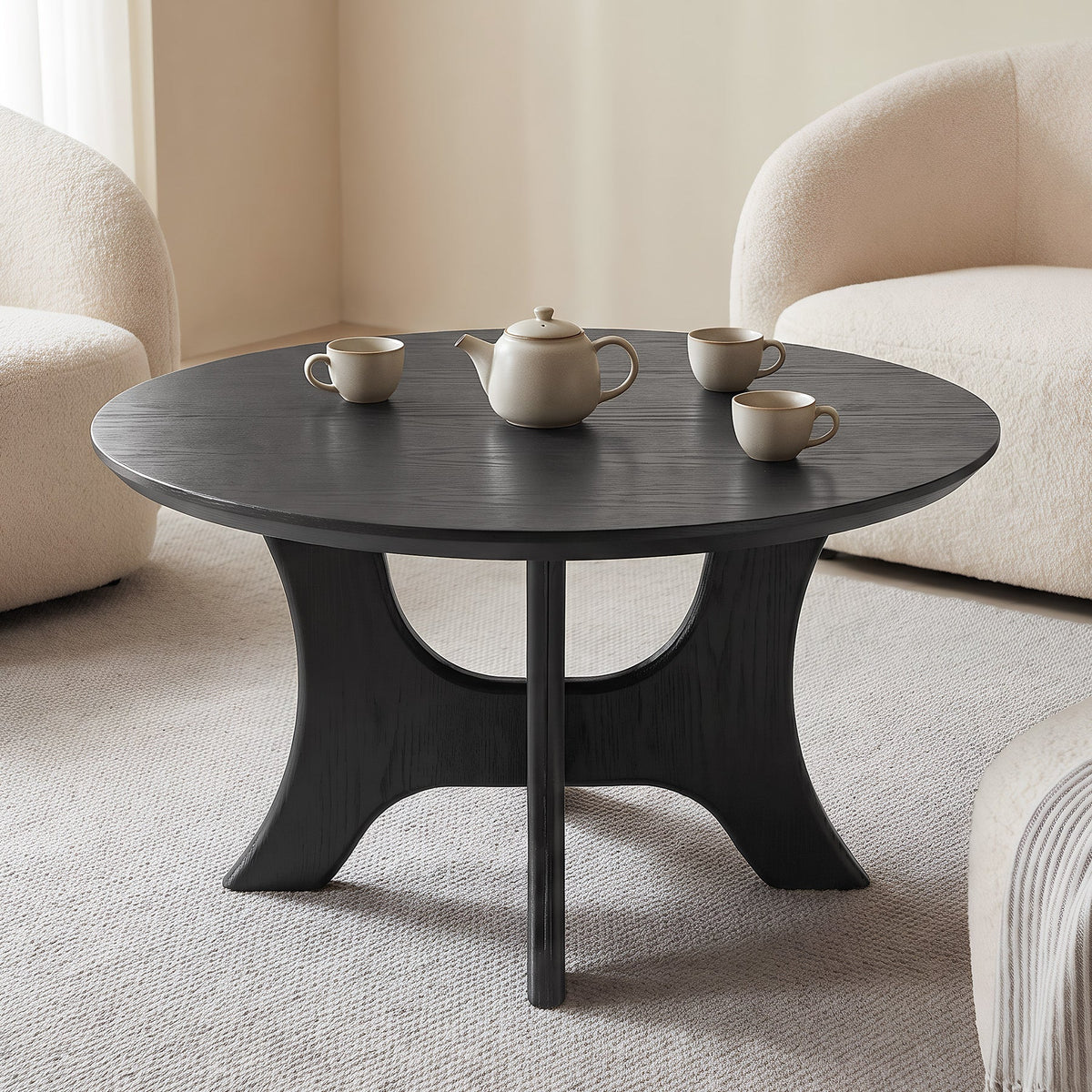 31.1 Inch Round Coffee Table with Cross Base, Modern Black Table for Living Room
