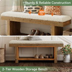 47.2-Inch Farmhouse Entryway Bench with Storage Shelf, Solid Wood Upholstered Shoe Bench for Mudroom