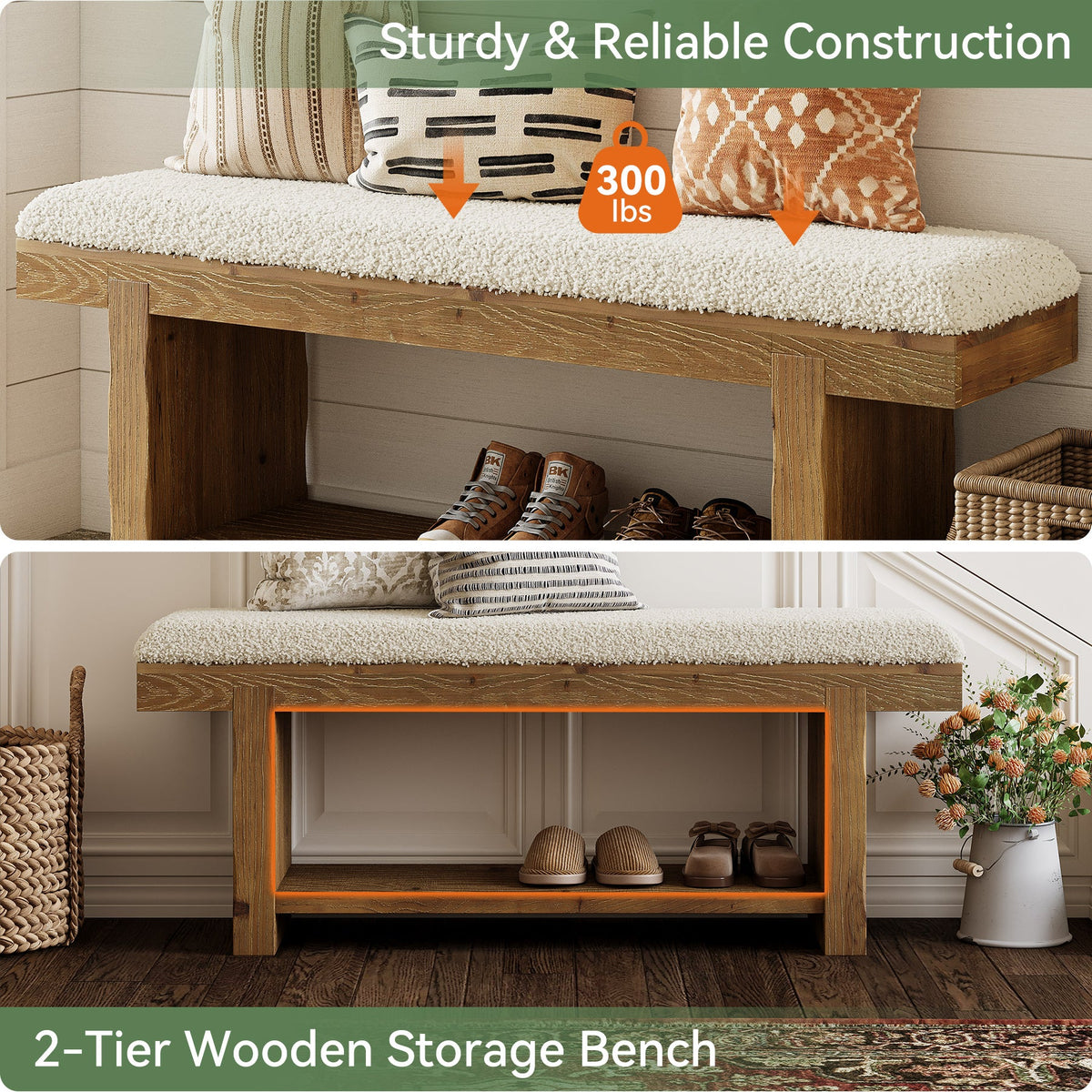 47.2-Inch Farmhouse Entryway Bench with Storage Shelf, Solid Wood Upholstered Shoe Bench for Mudroom
