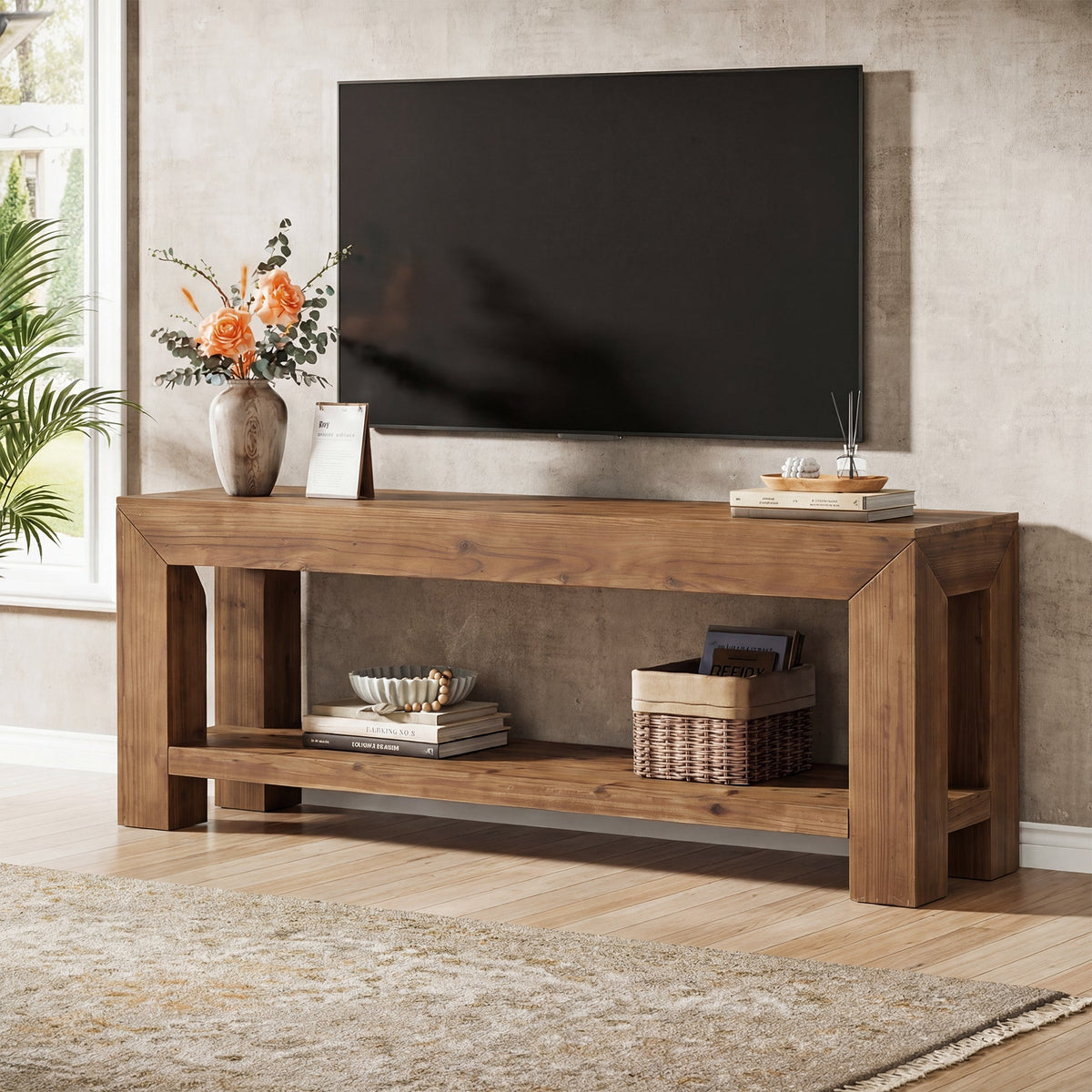 63-Inch Solid Wood TV Stand for TVs up to 75 Inches with 2-Tier Open Storage Shelves