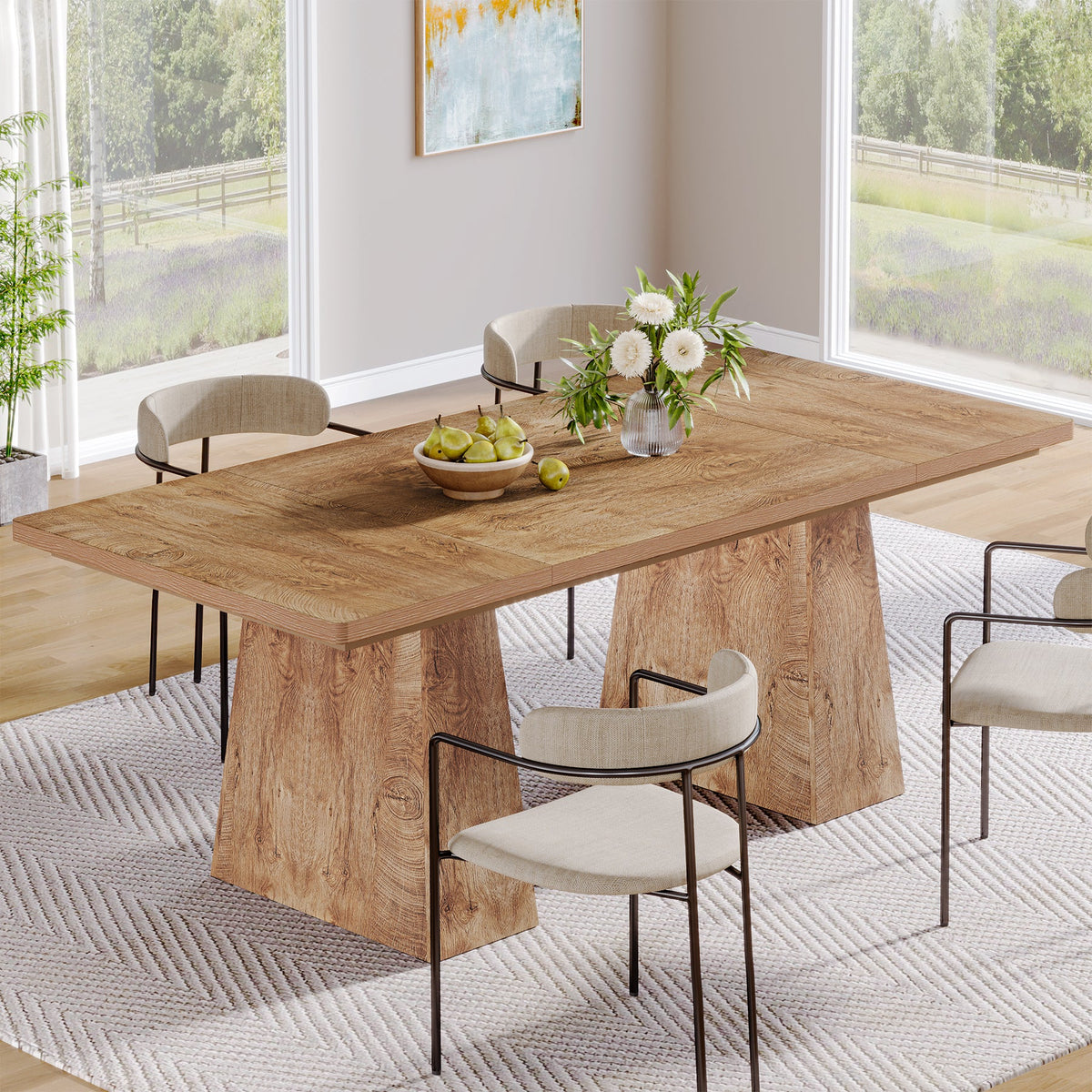 63 Inch Dining Table for 6, Farmhouse Rectangular Kitchen Table with Double Pedestal for Dining Room