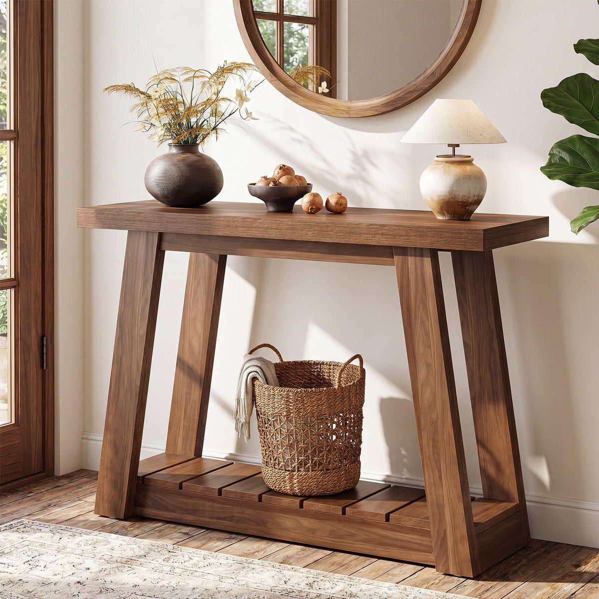 41.3-Inch 2-Tier Wood Console Table, Narrow Entryway Storage Sofa Table with Open Shelves for Living Room and Hallway