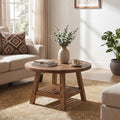 31.5 Inch Solid Wood Round Coffee Table with 2-Tier Storage, Living Room Center Table