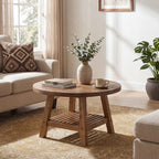 31.5 Inch Solid Wood Round Coffee Table with 2-Tier Storage, Living Room Center Table