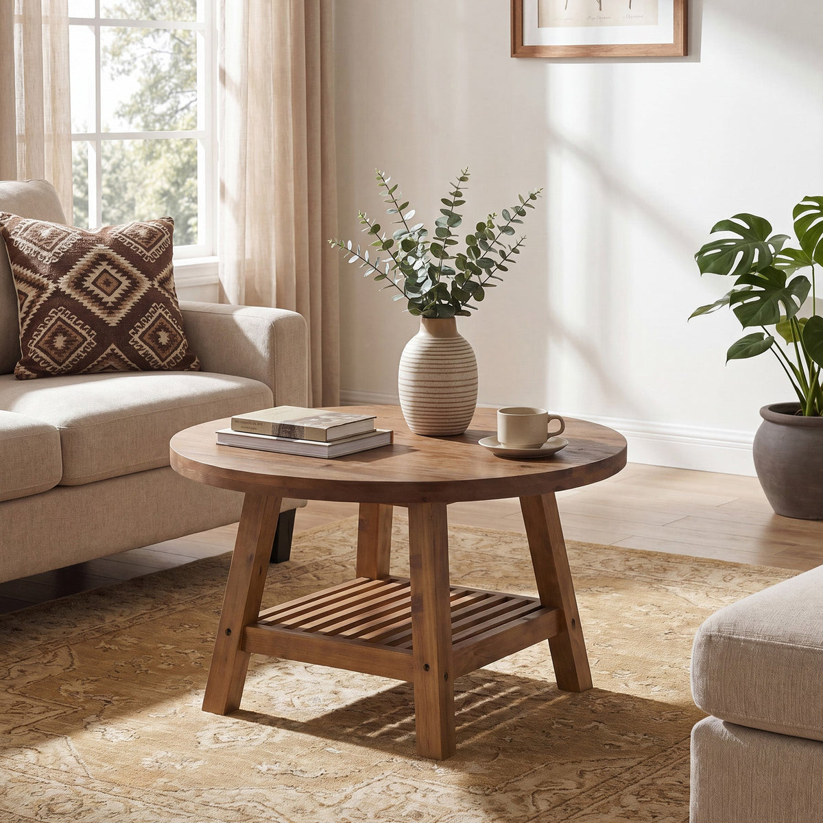 31.5 Inch Solid Wood Round Coffee Table with 2-Tier Storage, Living Room Center Table