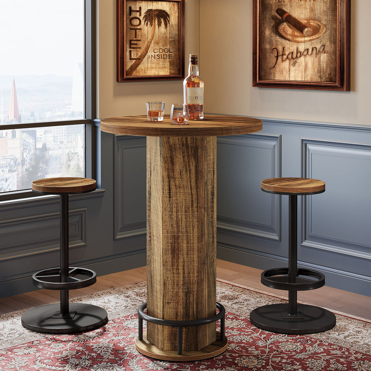 23.62-Inch Round Bar Table Set, Industrial Bistro Table with 2 Bar Stools and Metal Footrest for Kitchen Apartment