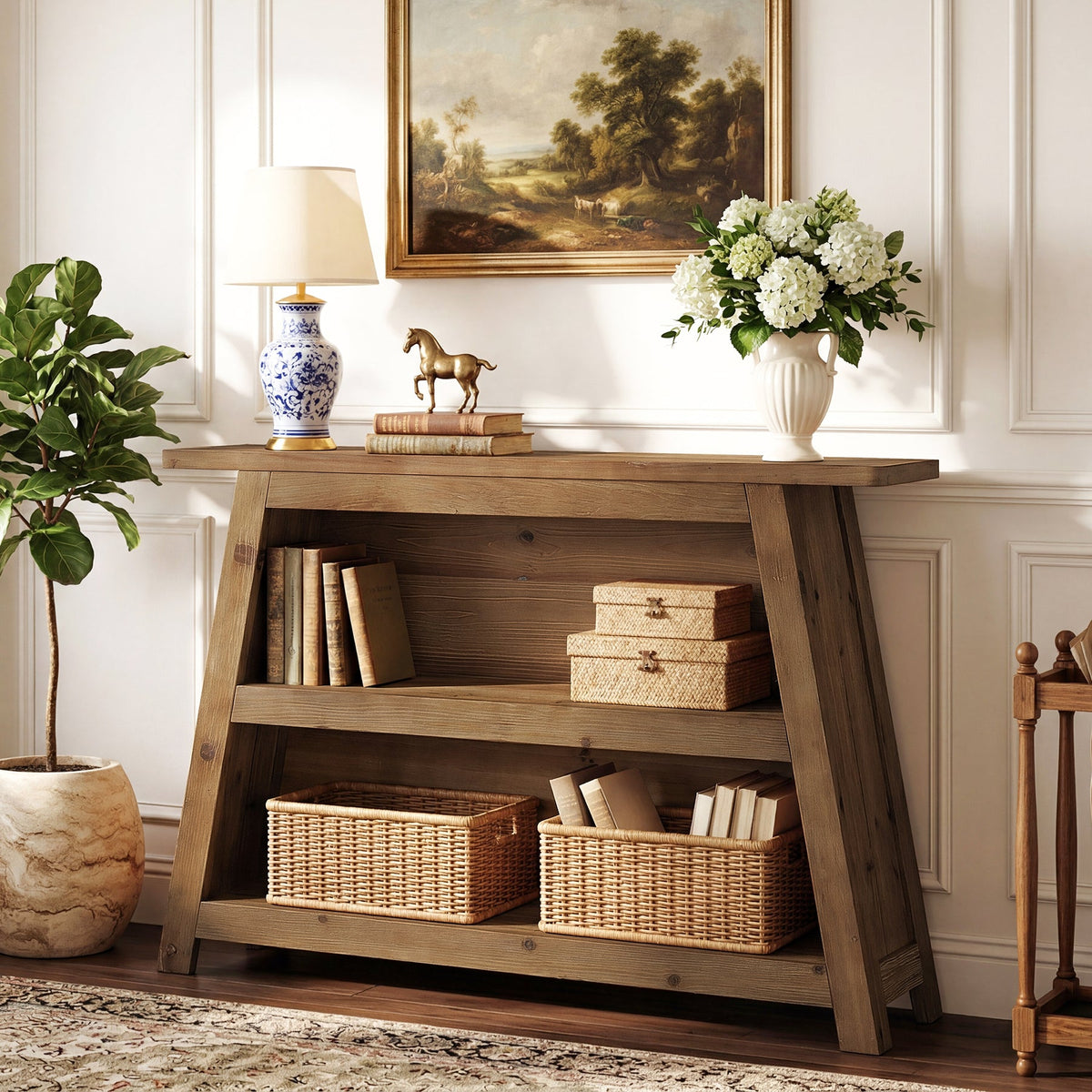 47.24-Inch Solid Wood Console Table, Farmhouse Entryway Table with 3-Tier Shelves