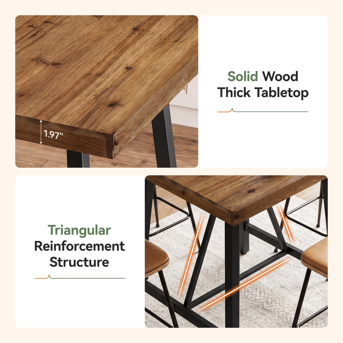 31.5-Inch Square Bar Table with Solid Wood Top and Metal Footrest, Industrial Pub Table for Home Bar Kitchen and Cafe