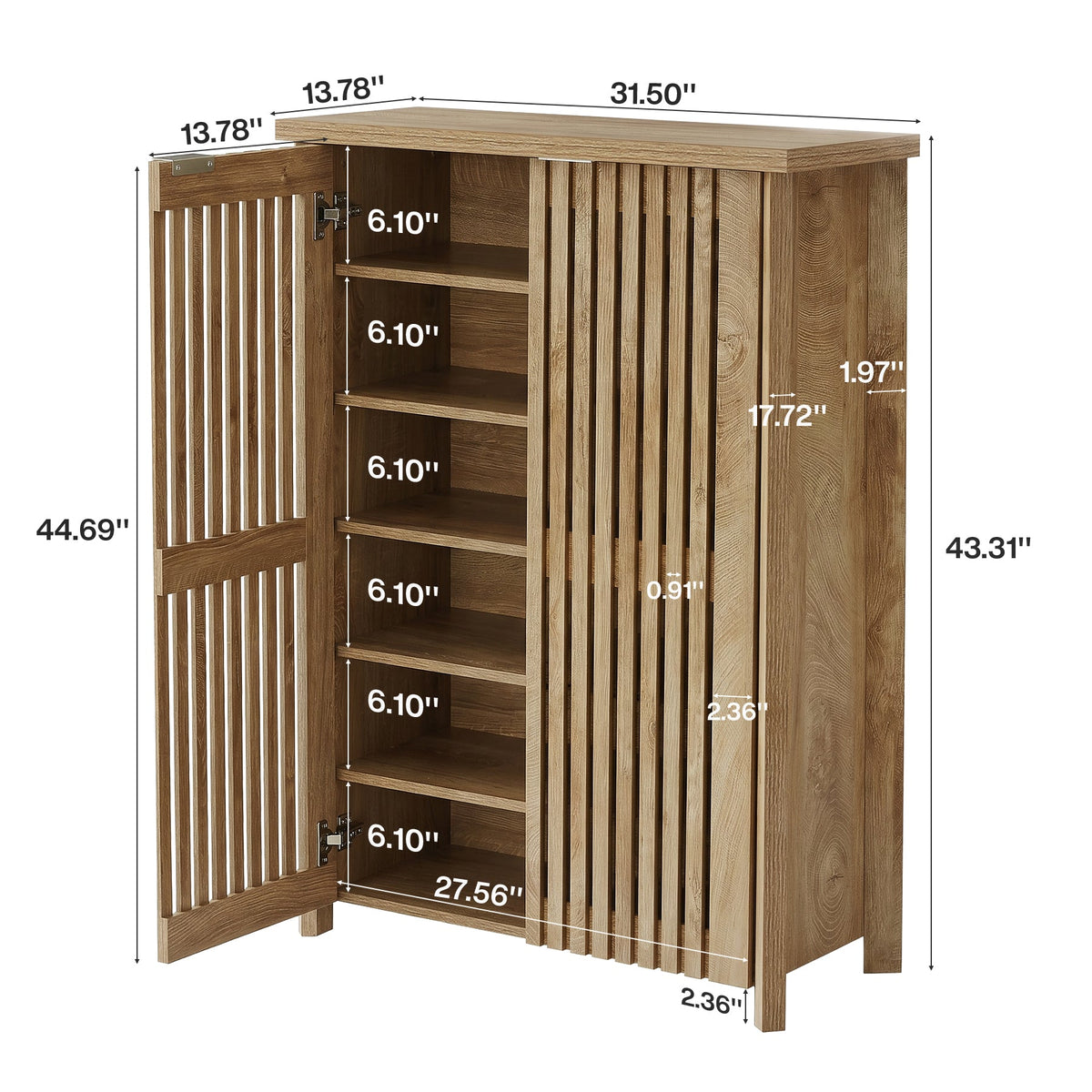 43.31 Inch 6-Tier Shoe Cabinet with Louvered Doors, Farmhouse Shoe Storage Cabinet for Entryway and Hallway