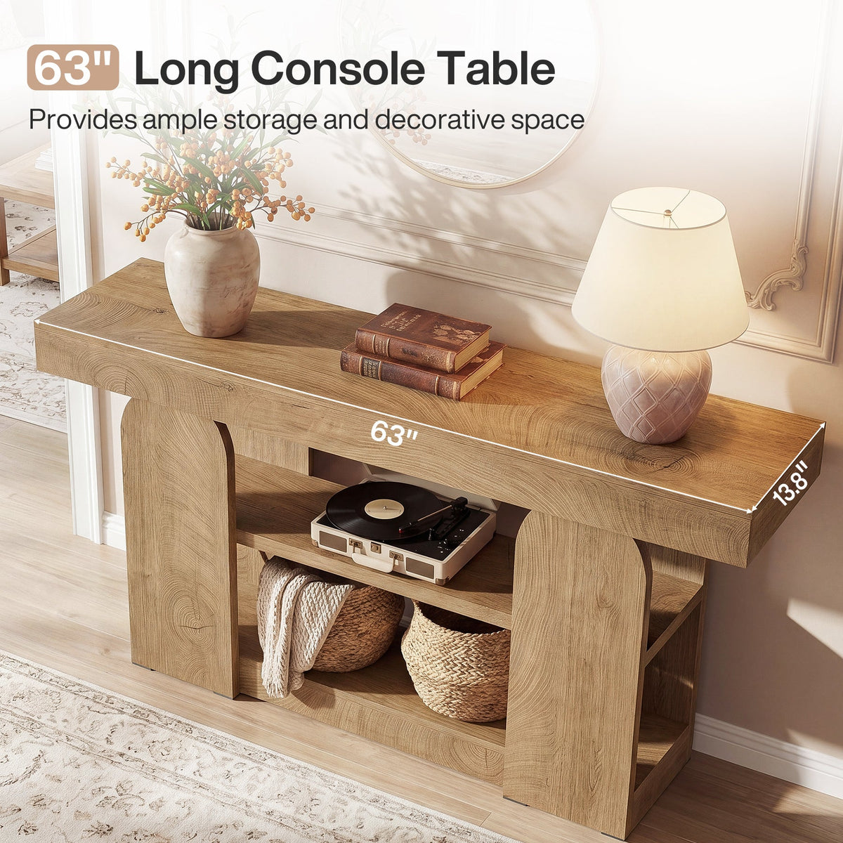 63-Inch Farmhouse Console Table with 3-Tier Storage Shelves, Long Narrow Entryway Table for Living Room and Hallway