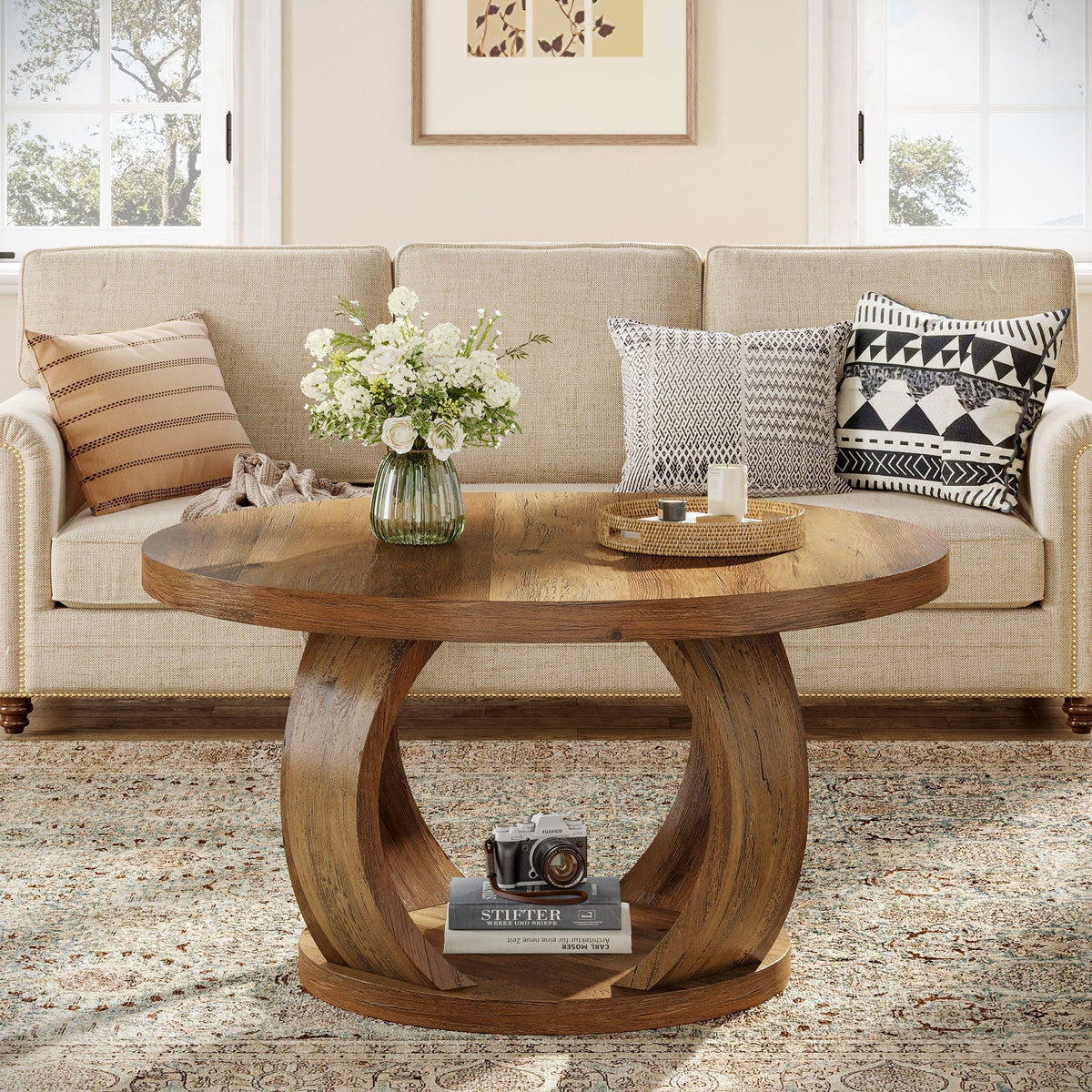 31.5" Wooden Circle Coffee Table, 2-Tier Storage for Small Spaces