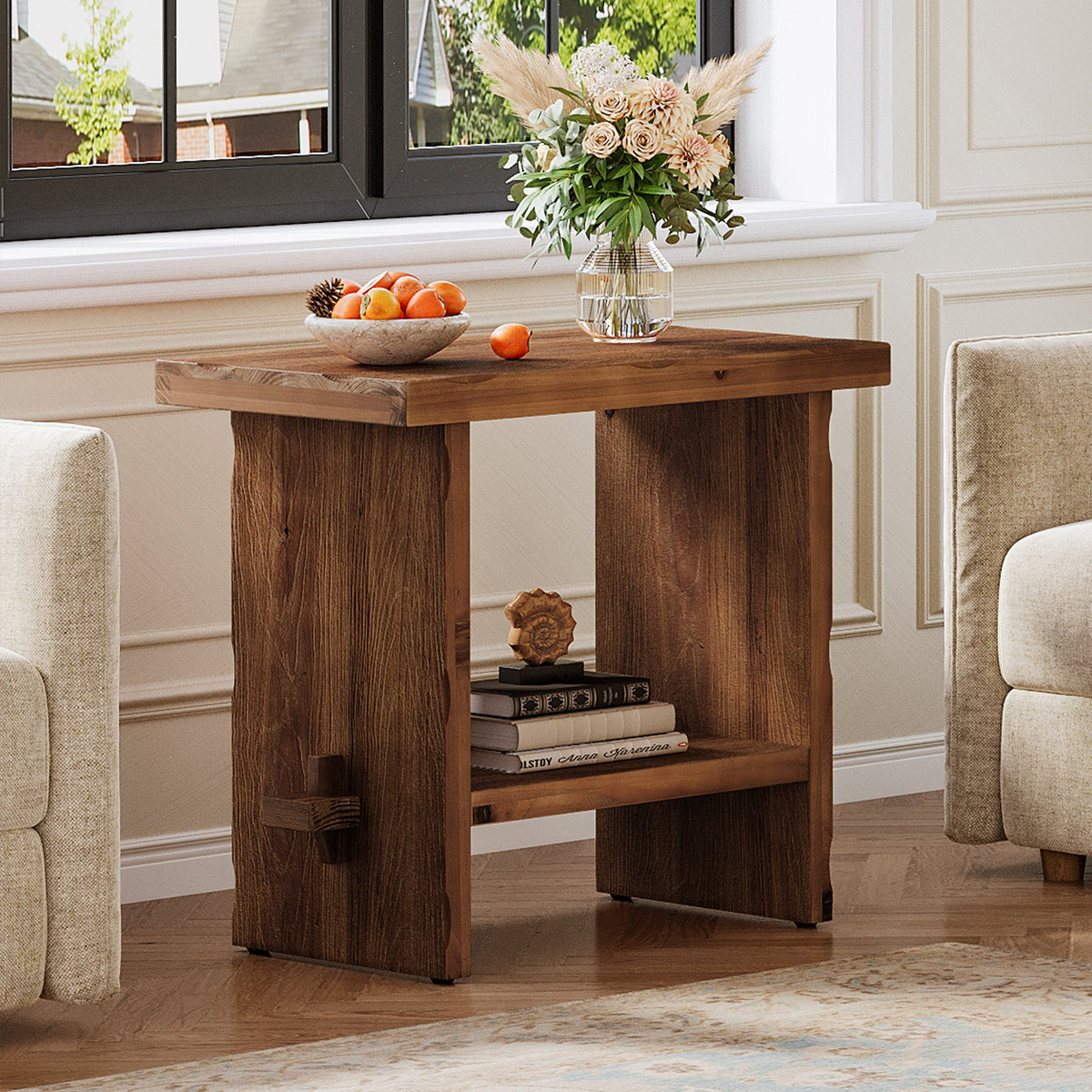 23.62 Inch Solid Wood Side Table with 2-Tier Storage, Farmhouse End Table for Bedroom