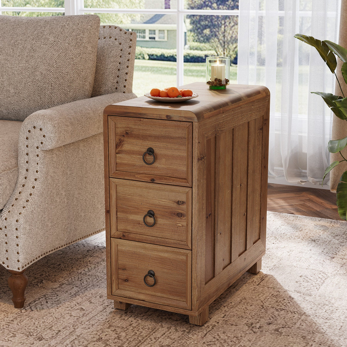 11.81 Inch Narrow Solid Wood Side Table with 3 Drawers, Slim Bedside Table for Bedroom