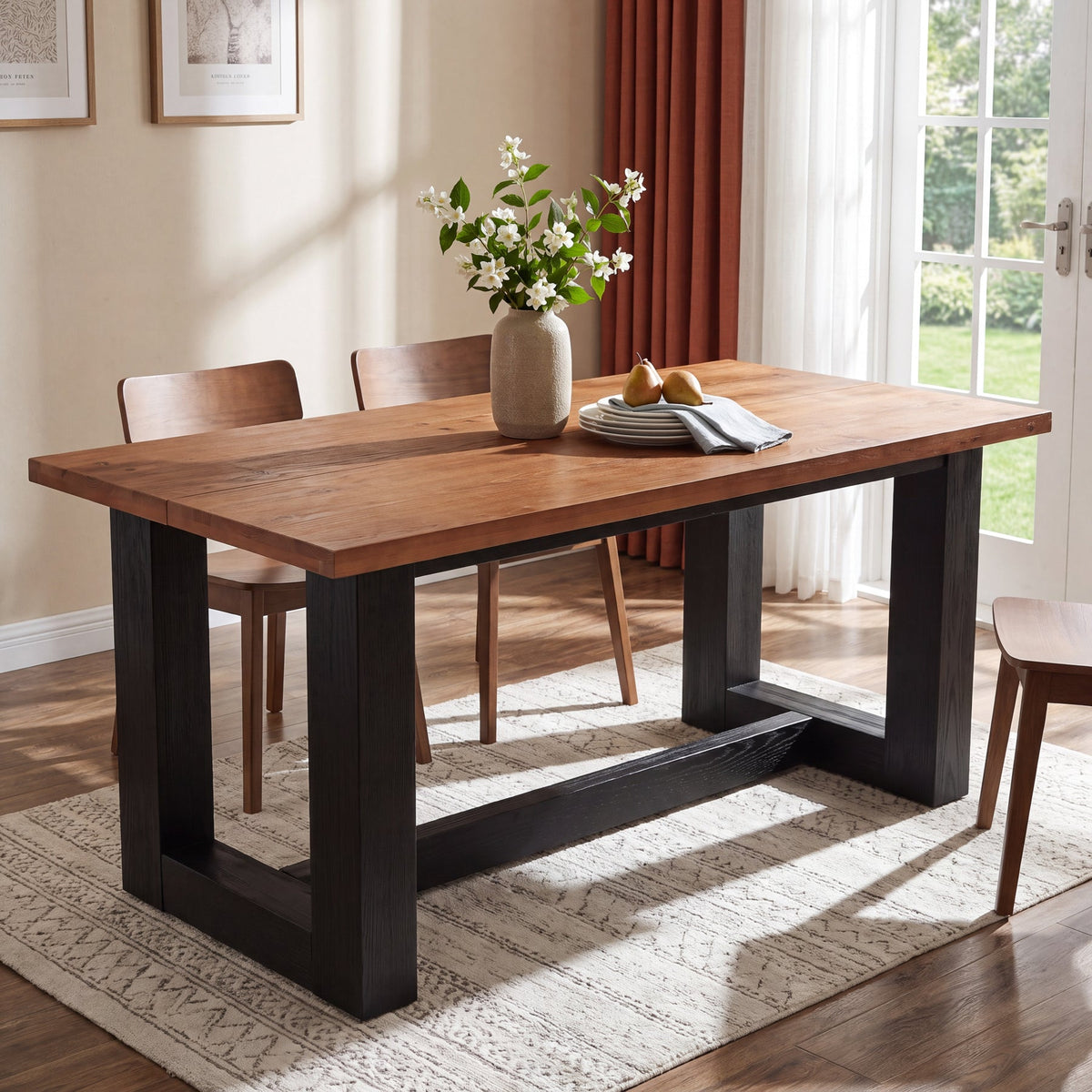 63 Inch Solid Wood Dining Table for 6, Farmhouse Kitchen Table with U-Shaped Legs