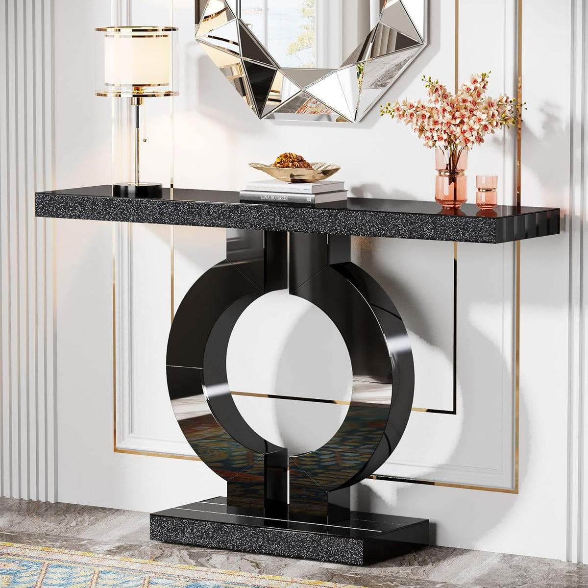 43.1-Inch Mirrored Console Table with O-Shaped Base, Narrow Hallway Table in Black