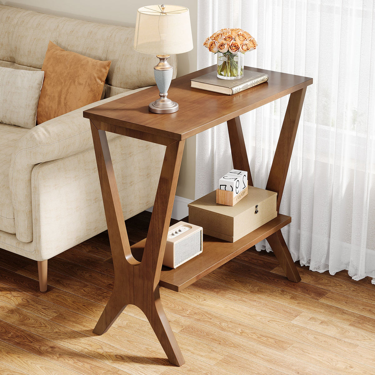 23.62-Inch Narrow End Table, 2-Tier Solid Wood Side Table with Storage Shelves for Living Room