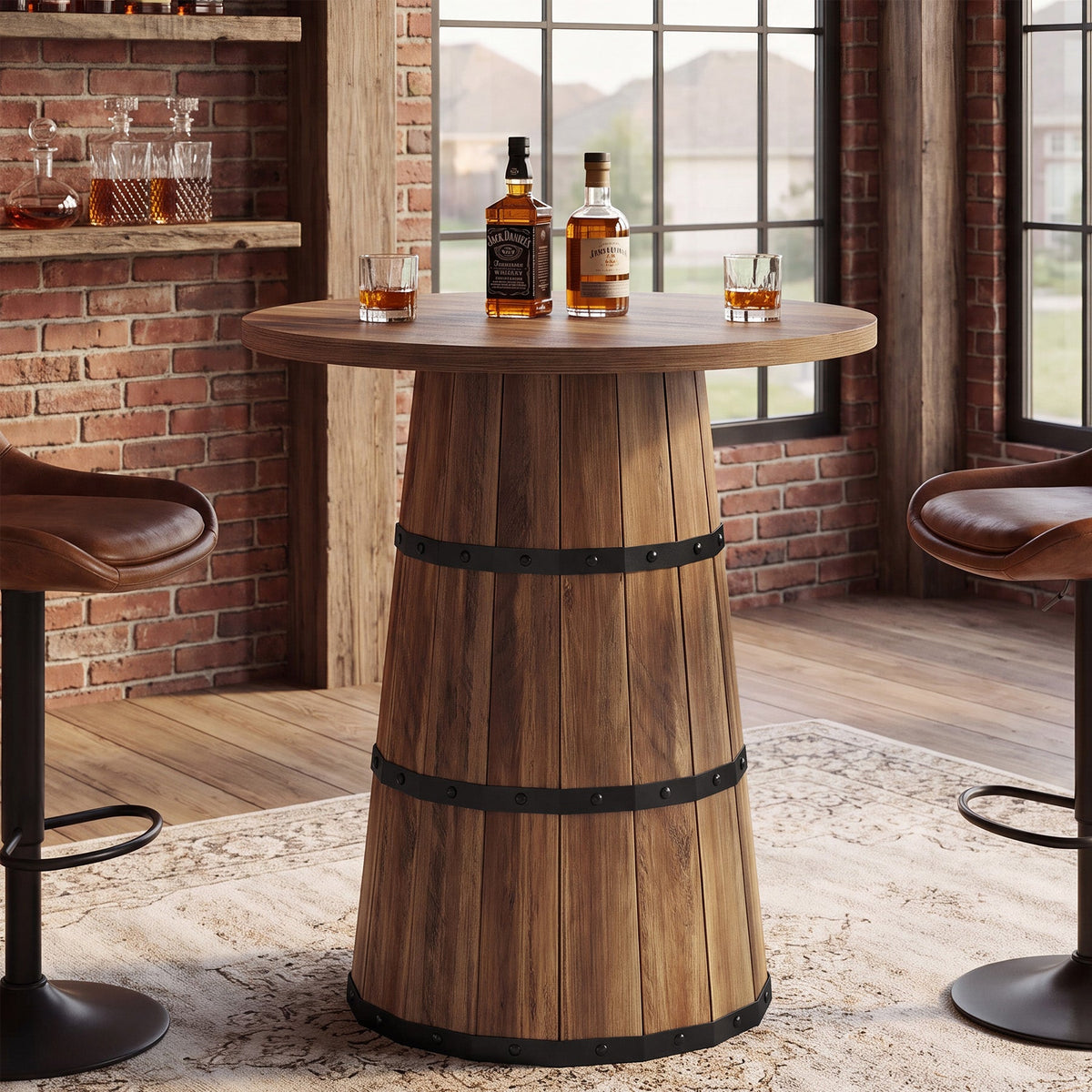 31.5-Inch Round Bar Table with Barrel Base, Farmhouse Pub Table for Kitchen and Home Bar
