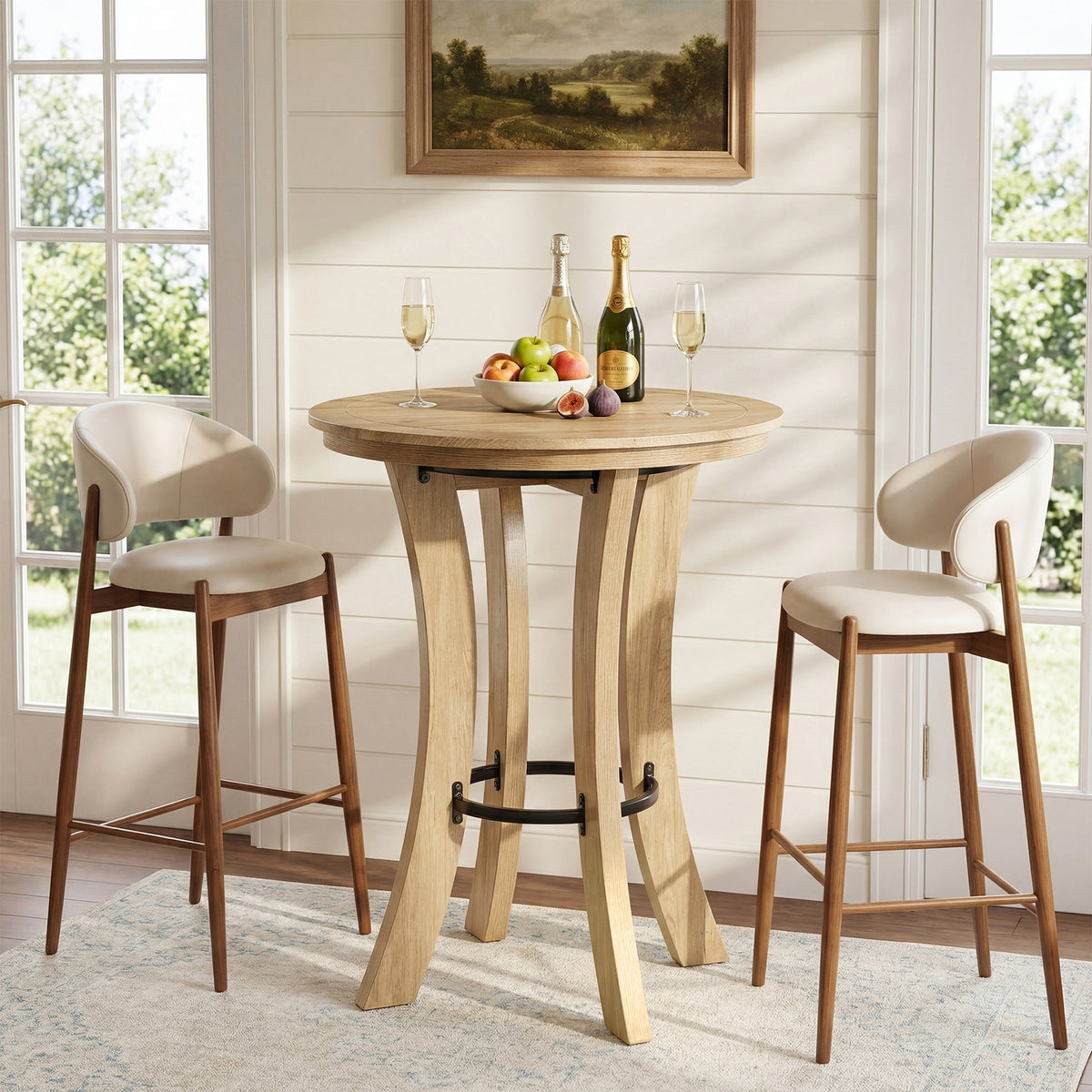 39.4-Inch High Round Bar Table with Curved Legs and Metal Footrest, Modern Pub Table for Kitchen and Coffee Bar