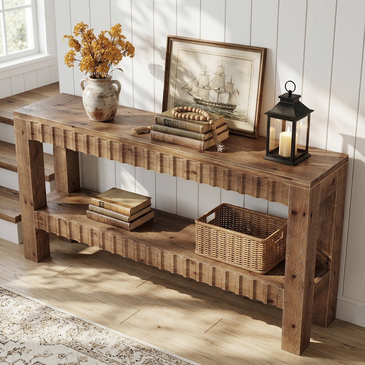 63" Console Table, Solid Wood Farmhouse Entryway Table with 2-Tier Storage