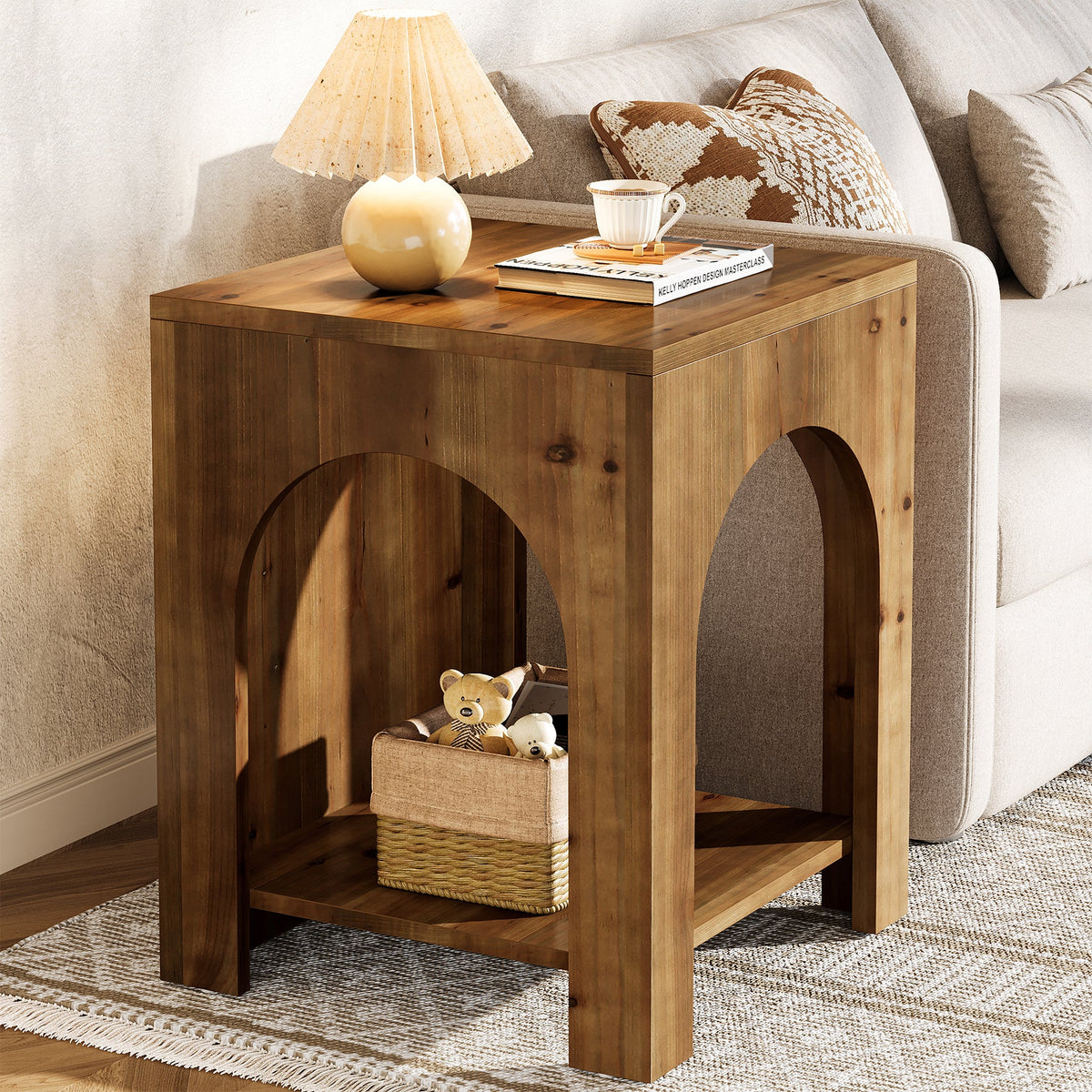 19.69-Inch Farmhouse Side Table with Arch Design, Wooden End Table for Living Room