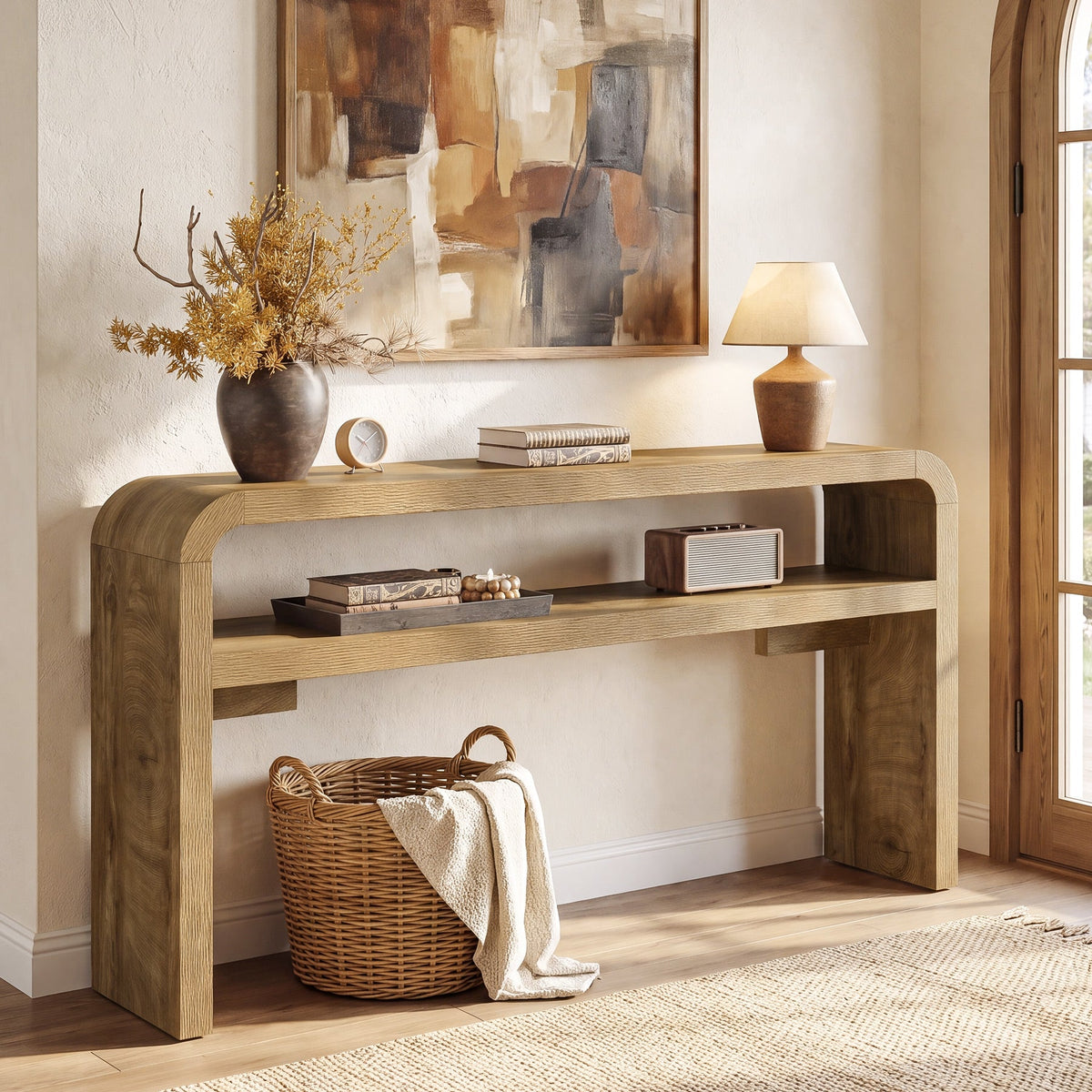 63 Inch Long Console Table with 2-Tier Storage, Narrow Sofa Table for Living Room