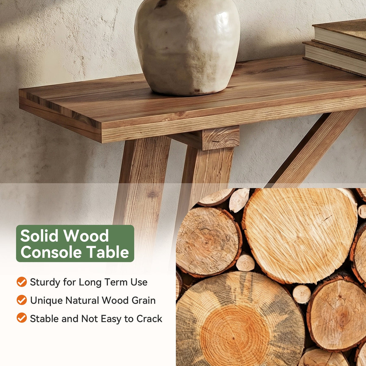 62.99-Inch Solid Wood Console Table, Narrow Design with Storage Shelf for Entryway Living Room and Hallway