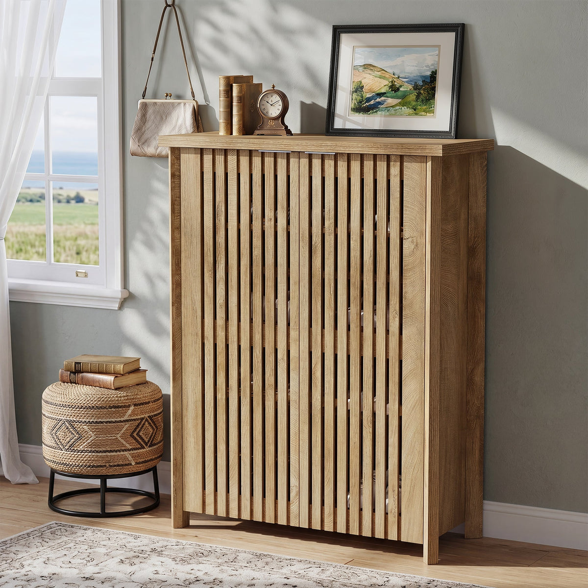 43.31 Inch 6-Tier Shoe Cabinet with Louvered Doors, Farmhouse Shoe Storage Cabinet for Entryway and Hallway