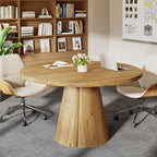 47.24-Inch Solid Wood Conference Table, Rustic Round Meeting Table with Pedestal Base for Office