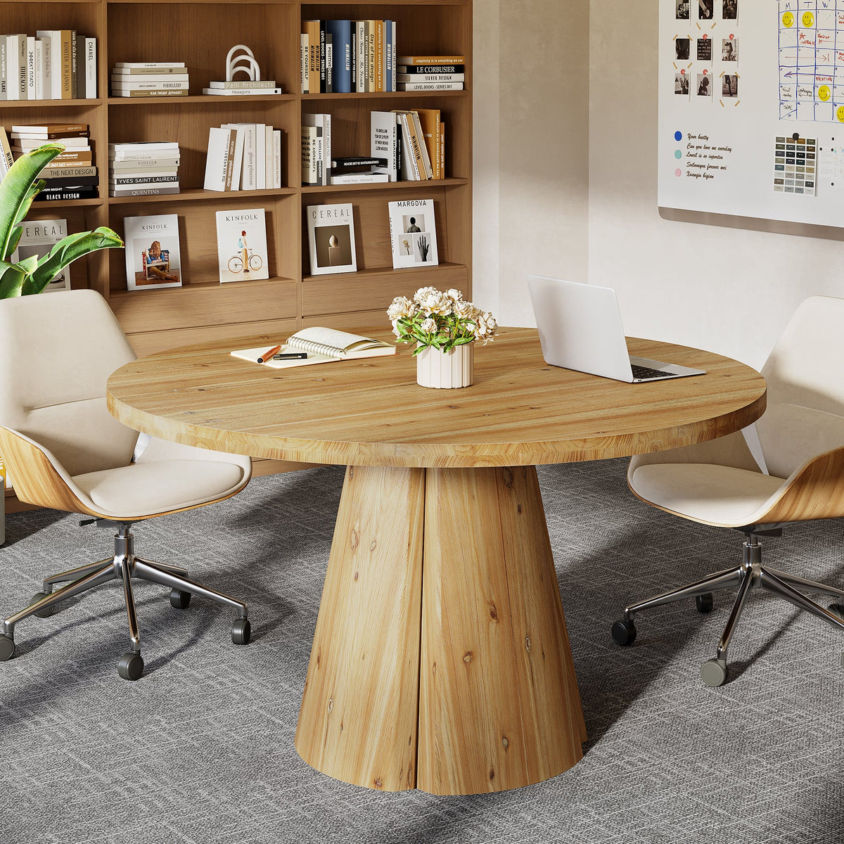 47.24-Inch Solid Wood Conference Table, Rustic Round Meeting Table with Pedestal Base for Office
