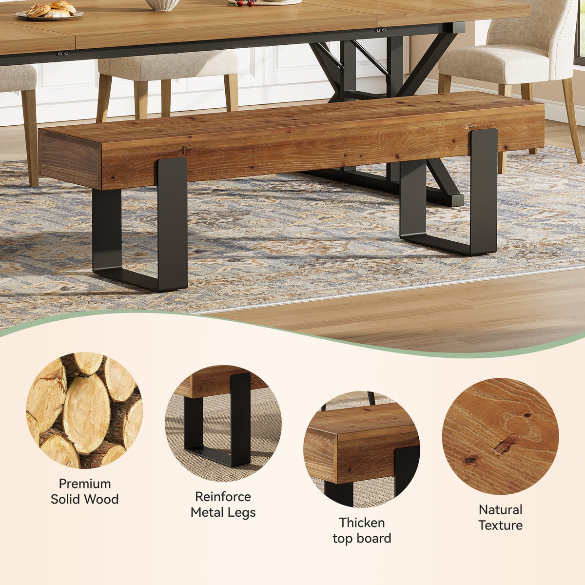 63-Inch Solid Wood Dining Bench, Farmhouse Kitchen Seat with Metal Legs for Dining Room