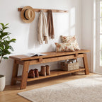 55-Inch Solid Wood Shoe Storage Bench with Lower Shelf, Farmhouse Entryway Seating for Hallway