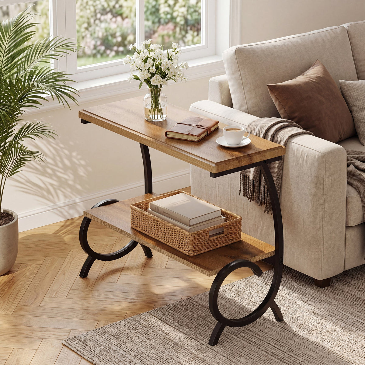 23.6-Inch Tall 2-Tier End Table, Narrow Couch Side Table with J-Shaped Metal Legs