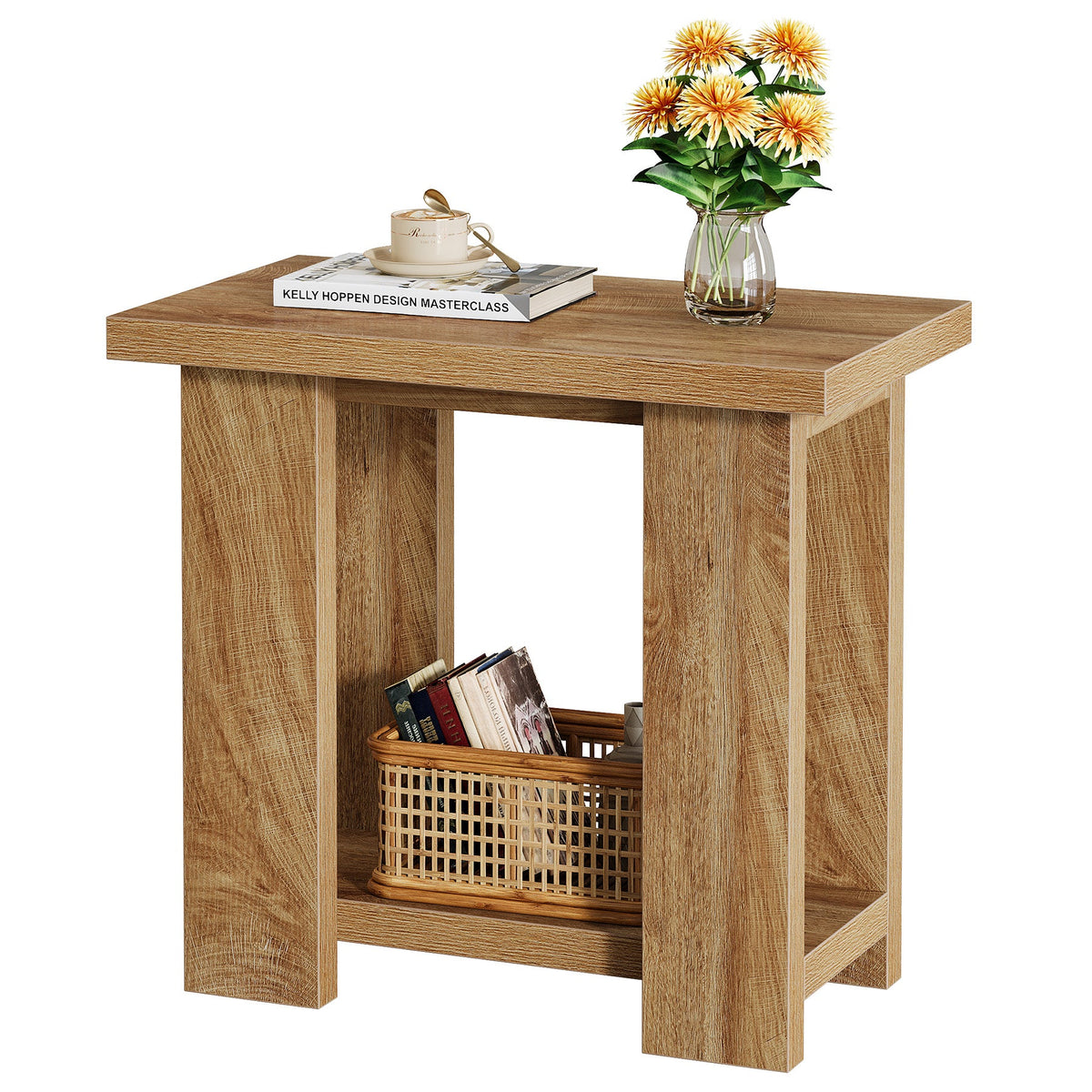 27.6-Inch Wooden Side Table with 2-Tier Shelf, Farmhouse End Table for Small Spaces
