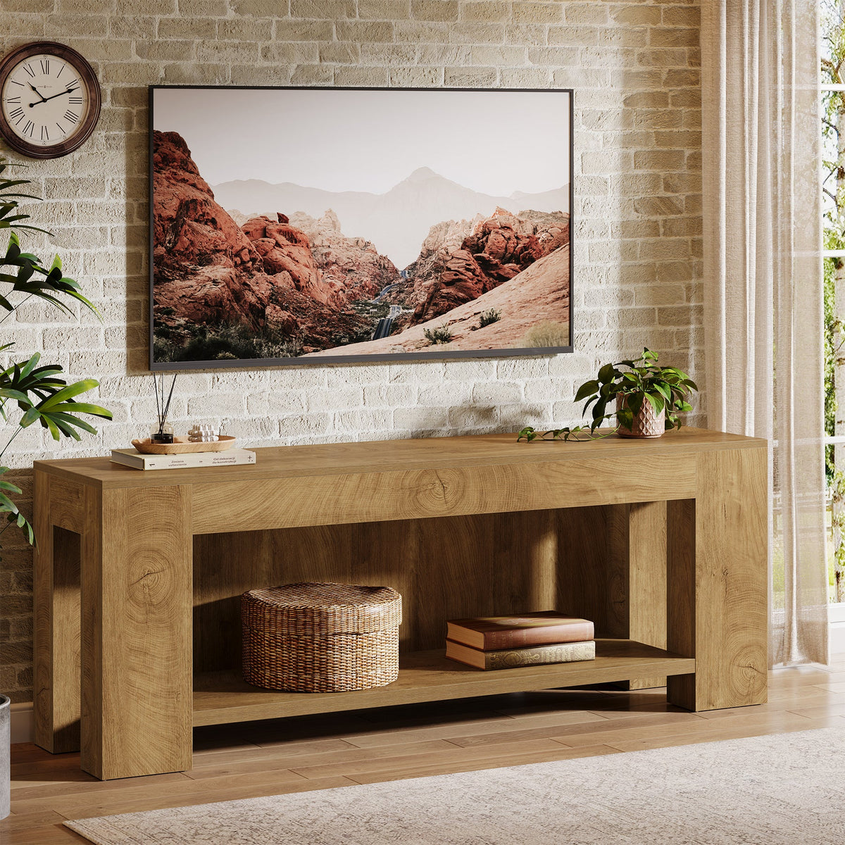 63-Inch TV Stand for 55 to 75-Inch TVs with Open Storage Shelves, Rustic Media Console Table for Living Room