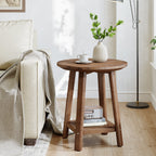 Round Side Table with 2-Tier Storage Shelf, Solid Wood End Table for Small Spaces