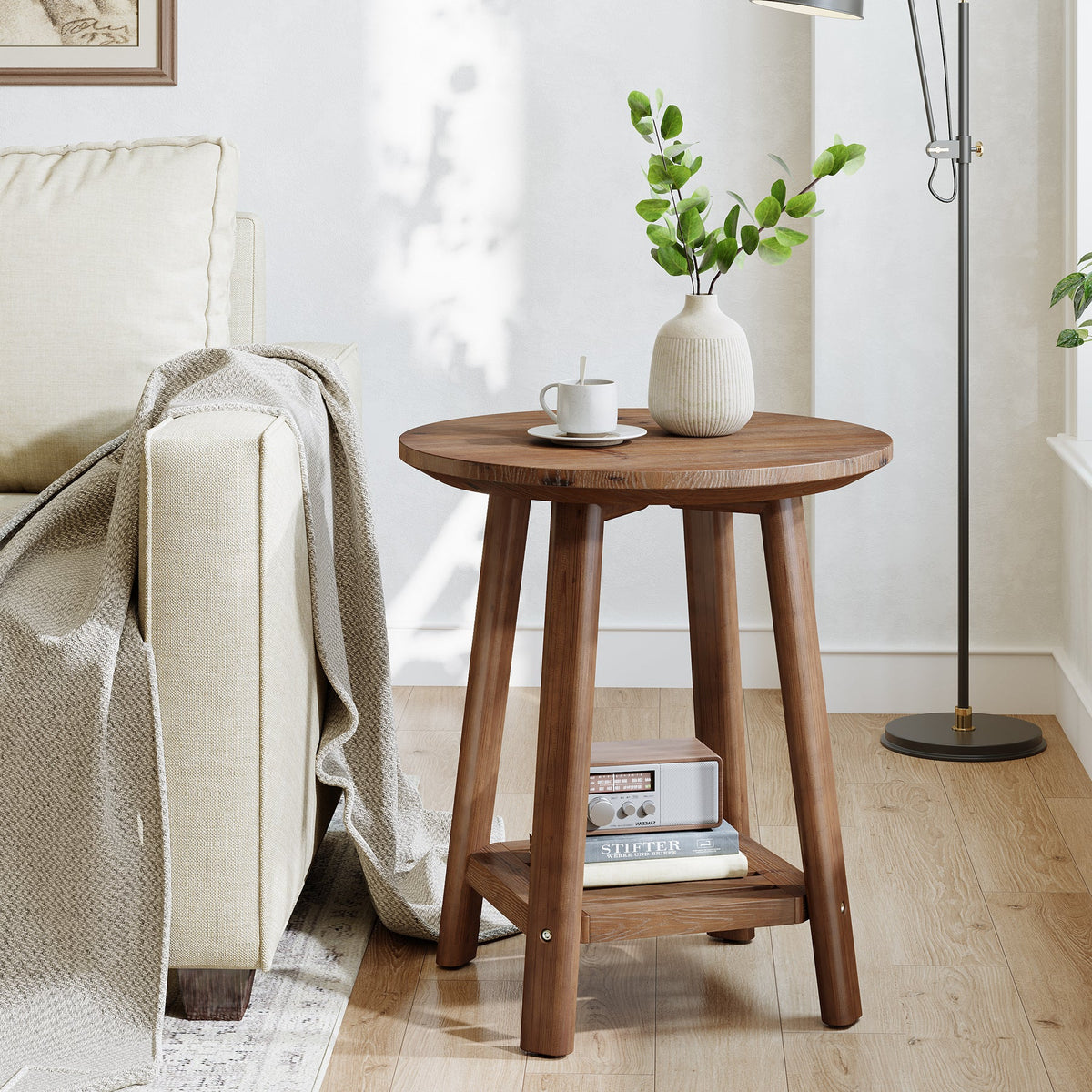 Round Side Table with 2-Tier Storage Shelf, Solid Wood End Table for Small Spaces