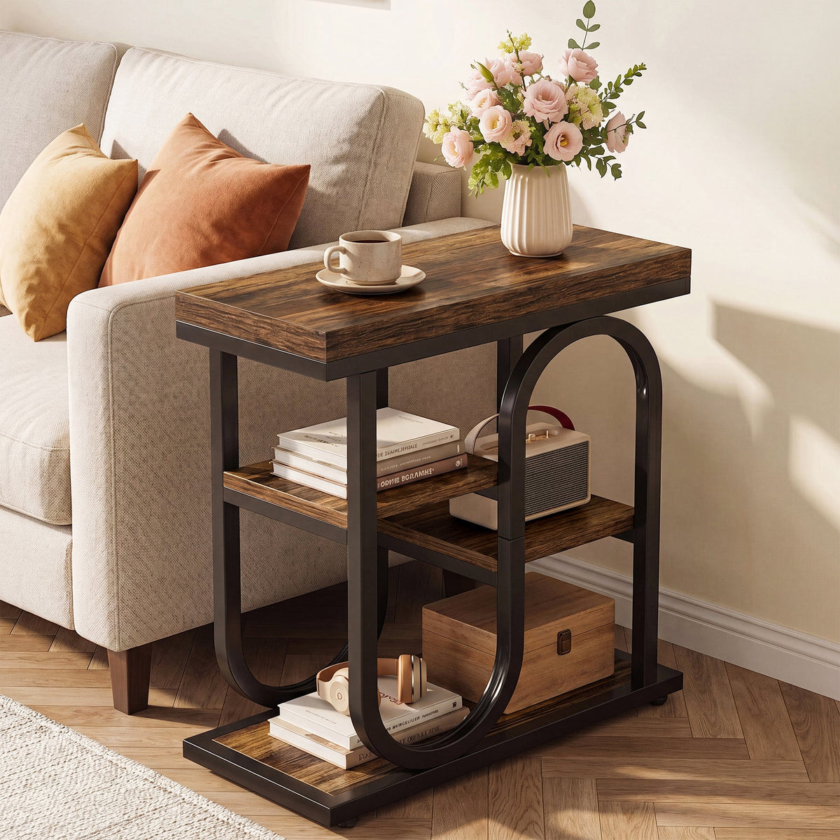 23.62-Inch Narrow End Table with 4-Tier Storage, S-Shaped Side Table for Living Room