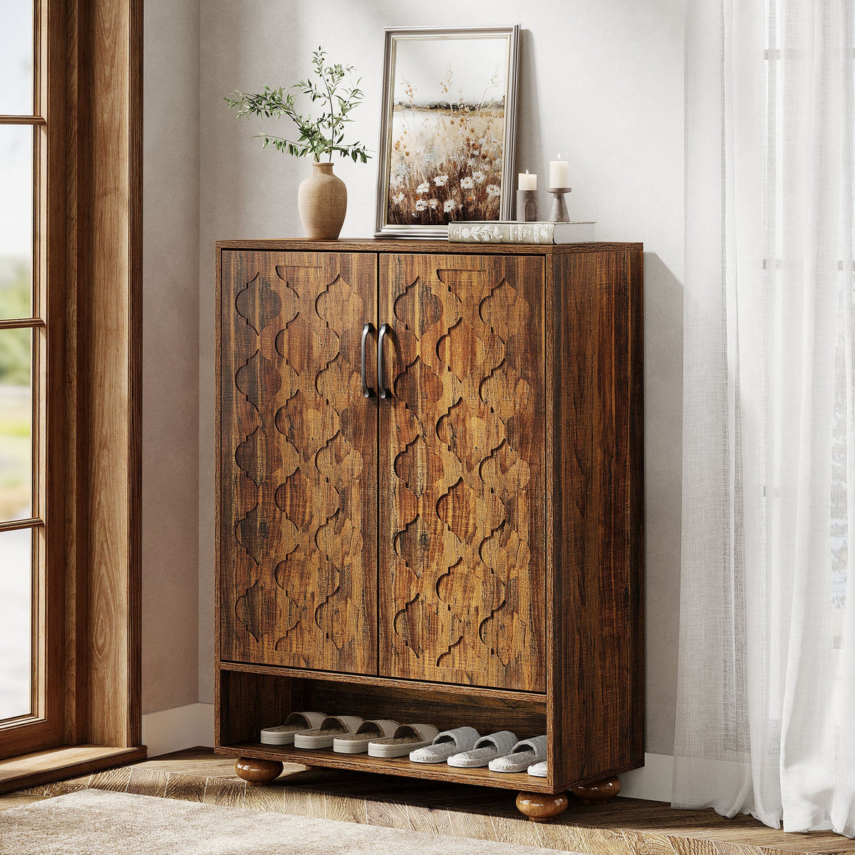 31.5-Inch Solid Wood Shoe Cabinet for Entryway, Farmhouse Tall Shoe Storage Cabinet with Doors and Adjustable Shelves for Hallway